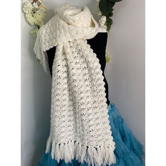 Hand Crocheted Scarf Off White 54"X 13" Table Runner Couch Cover Boho Vintage - Picture 2 of 16